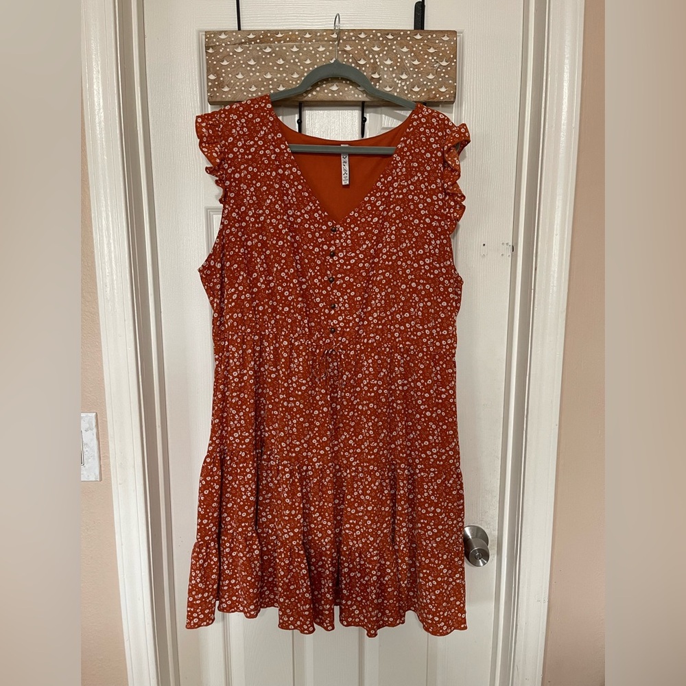 Orange and White V-Neck Flutter Sleeve Mini Dress